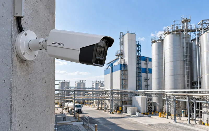 Камера Hikvision на фасаде производственного здания для контроля территории