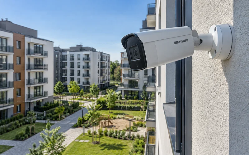 Камера Hikvision на фасаде жилого здания с обзором придомовой территории