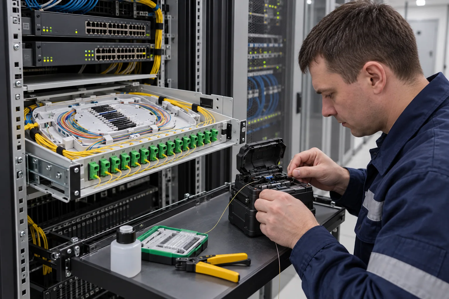 Сварка оптических волокон у открытого кросса в серверной